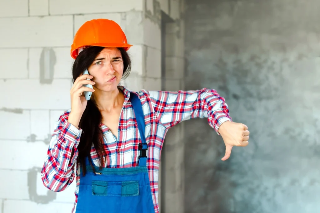 A construction worker wearing an orange hard hat and plaid shirt talks on a mobile phone with a frustrated expression and gives a thumbs-down gesture.