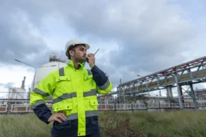 Lone worker in hi vis jacket and hard hat using a two way radio at an industrial site with tanks and pipework in the background.
